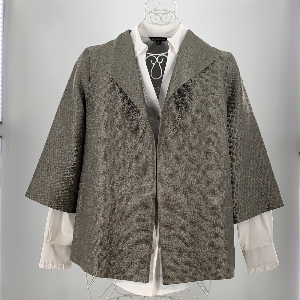 Eileen Fisher Textured Metallic Silk Swing Coat Silver Copper